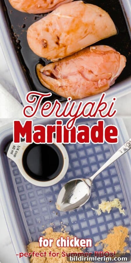 collage of pictures of teriyaki chicken marinade with chicken breasts sitting in it in a marinading container.