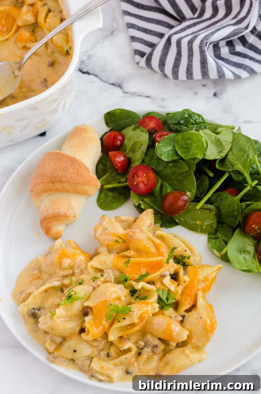 leftover turkey casserole recipe served on a plate with a side salad and dinner bun
