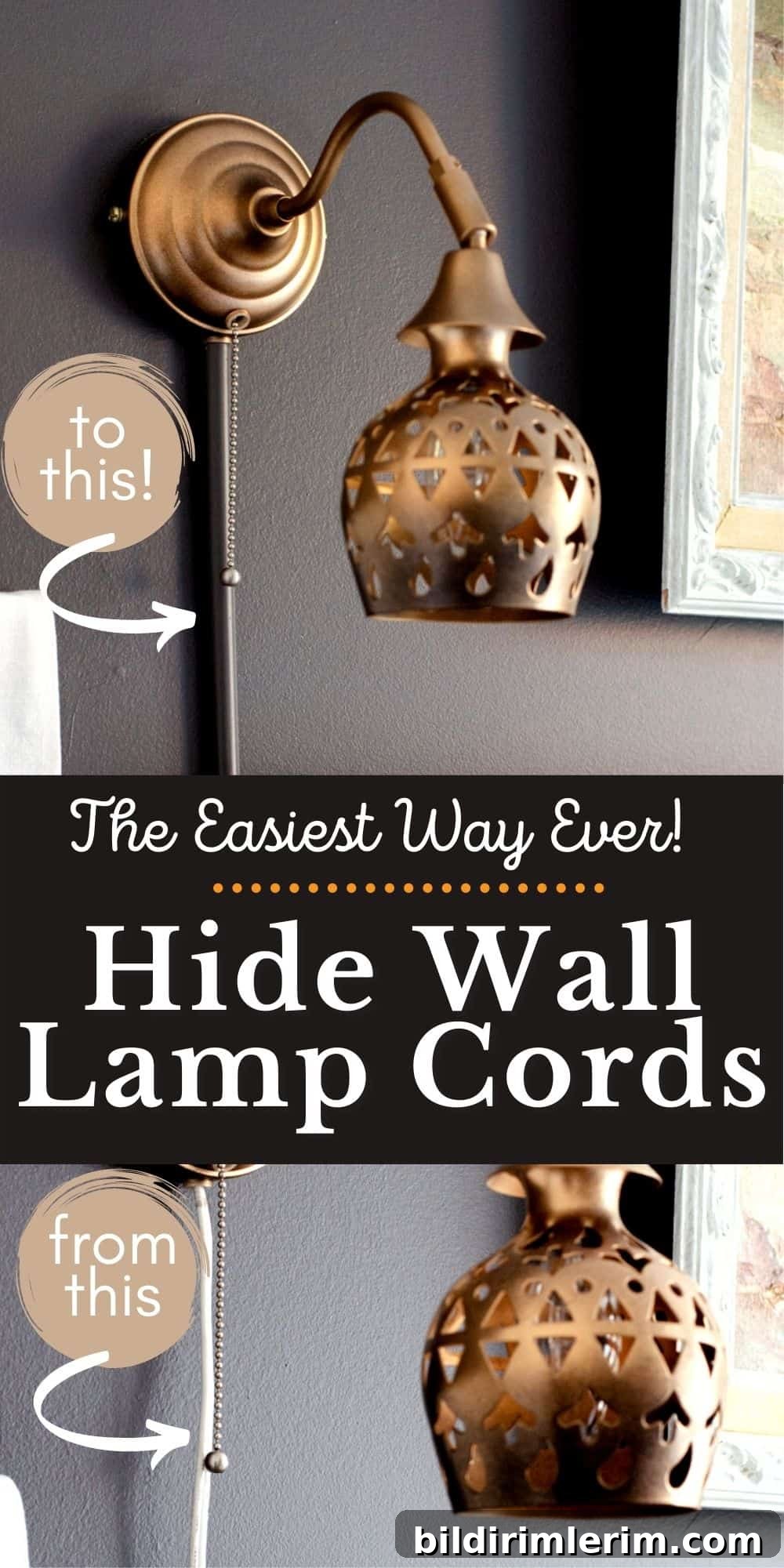 How to hide wall lamp cords - a collage of the before and after pictures.