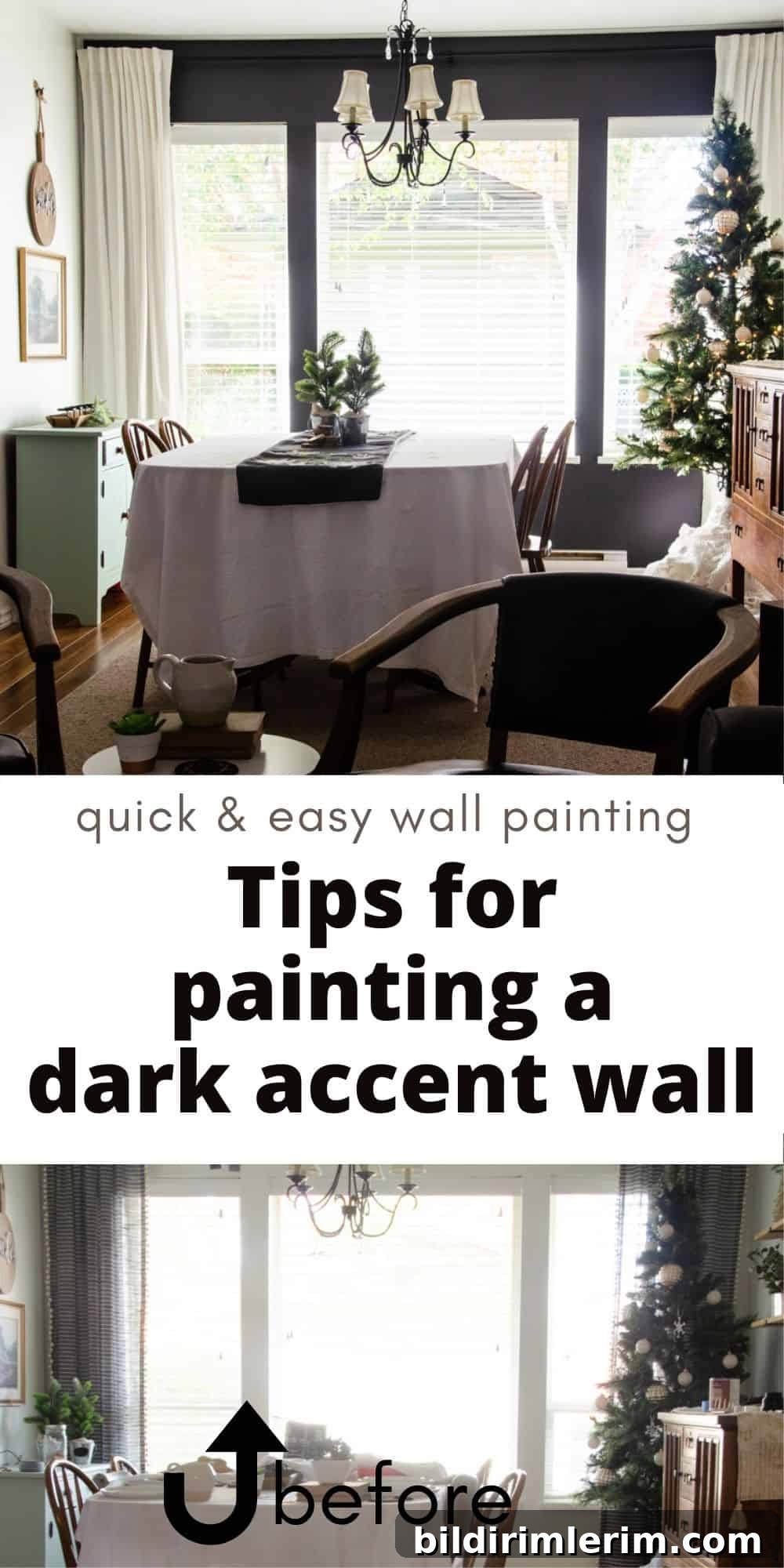 Dark Painted Accent Wall in Dining Room - a before & after collage