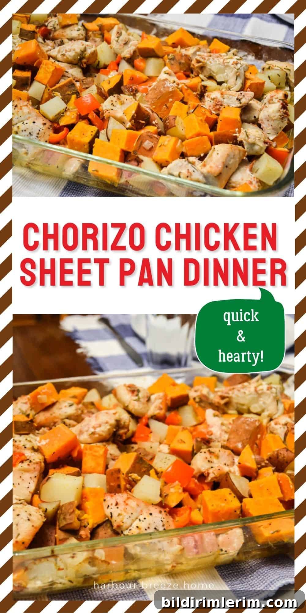 Chorizo Chicken Sheet Pan Dinner in a pan sitting on a table