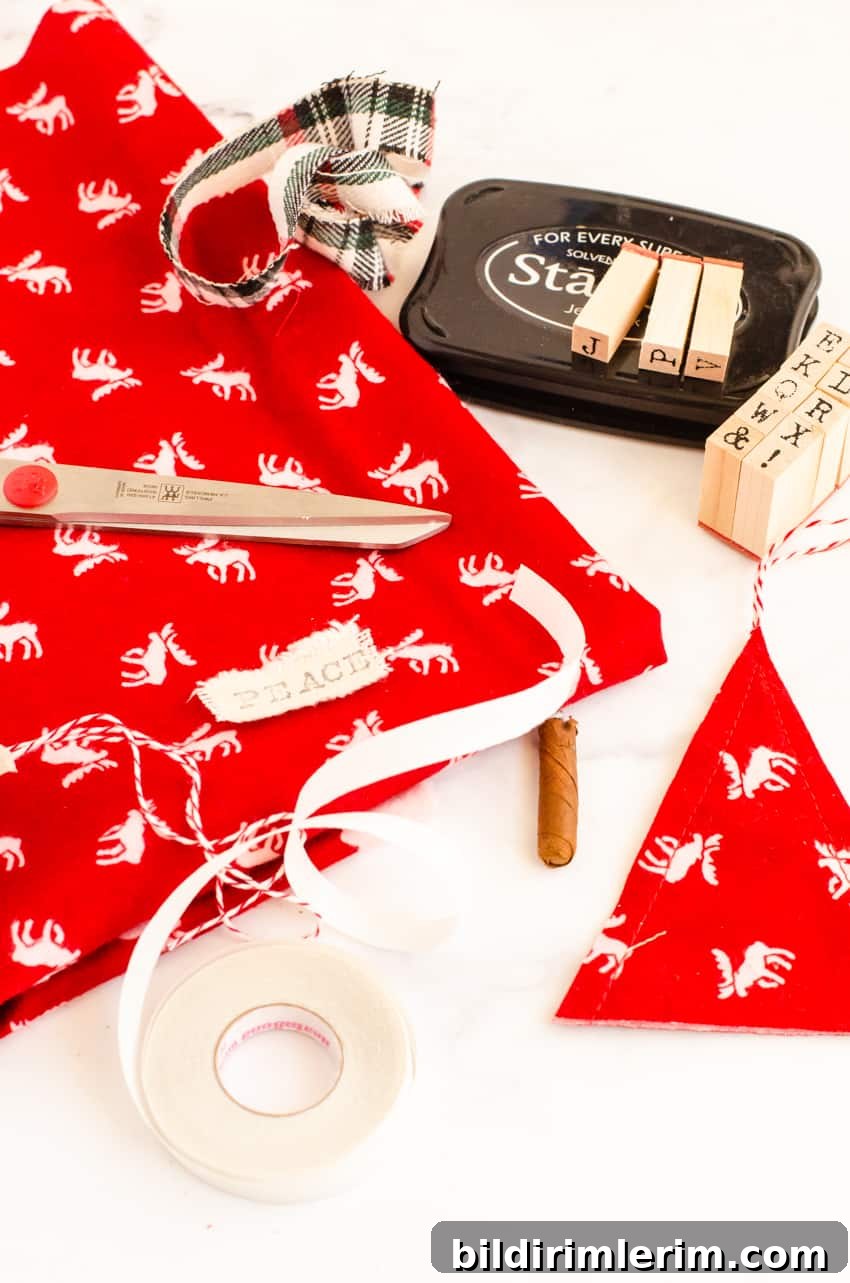 Supplies for DIY Scandinavian Christmas Tree Ornaments made with fabric.