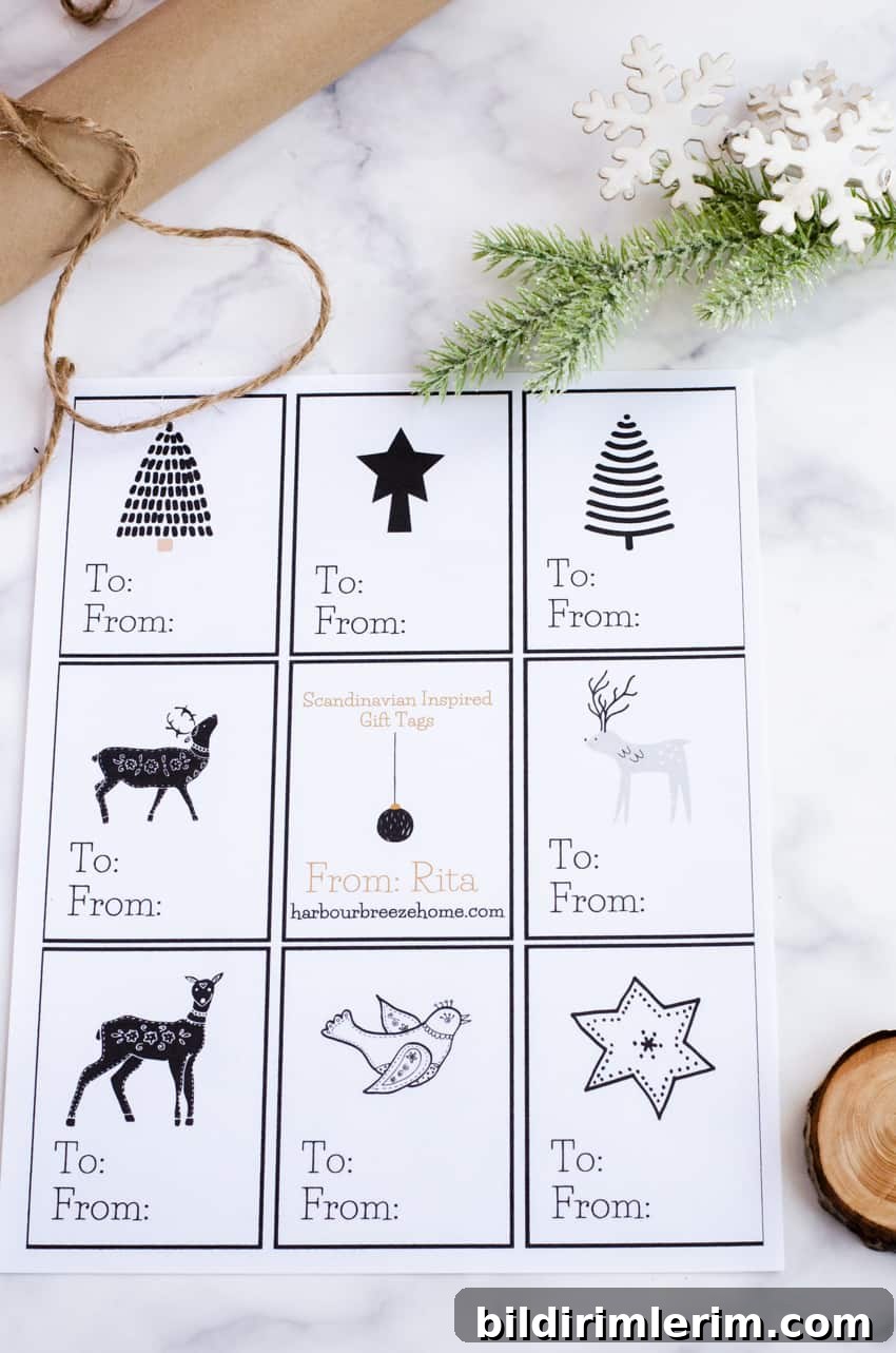 Free Printable Christmas Gift Tags 4 Scandinavian style printable Christmas gift tags in black, white, and gold.