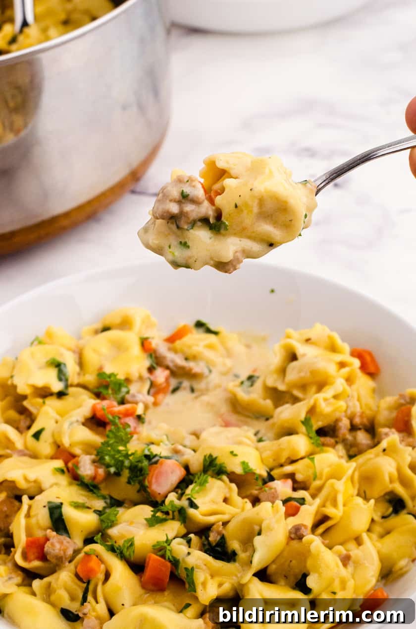 Spoonful of thick and creamy tortellini soup with spinach