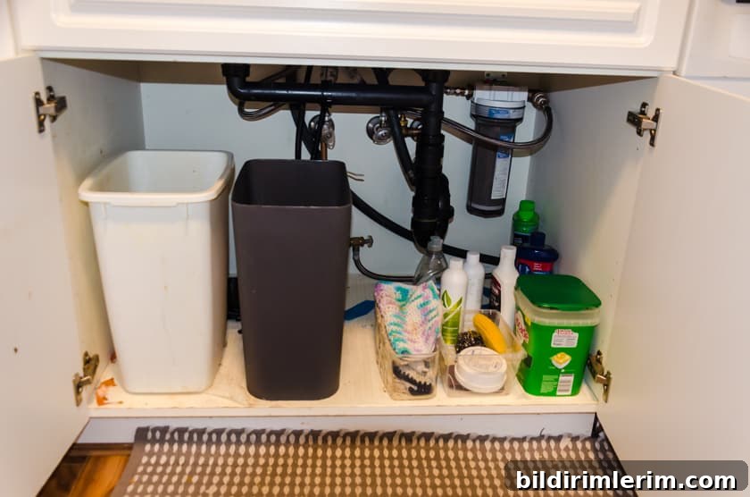 A dirty cupboard that needs organizing under the kitchen sink.