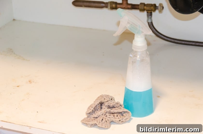 Dirty under kitchen sink cabinet with a cloth and bottle of cleaning spray beside it.