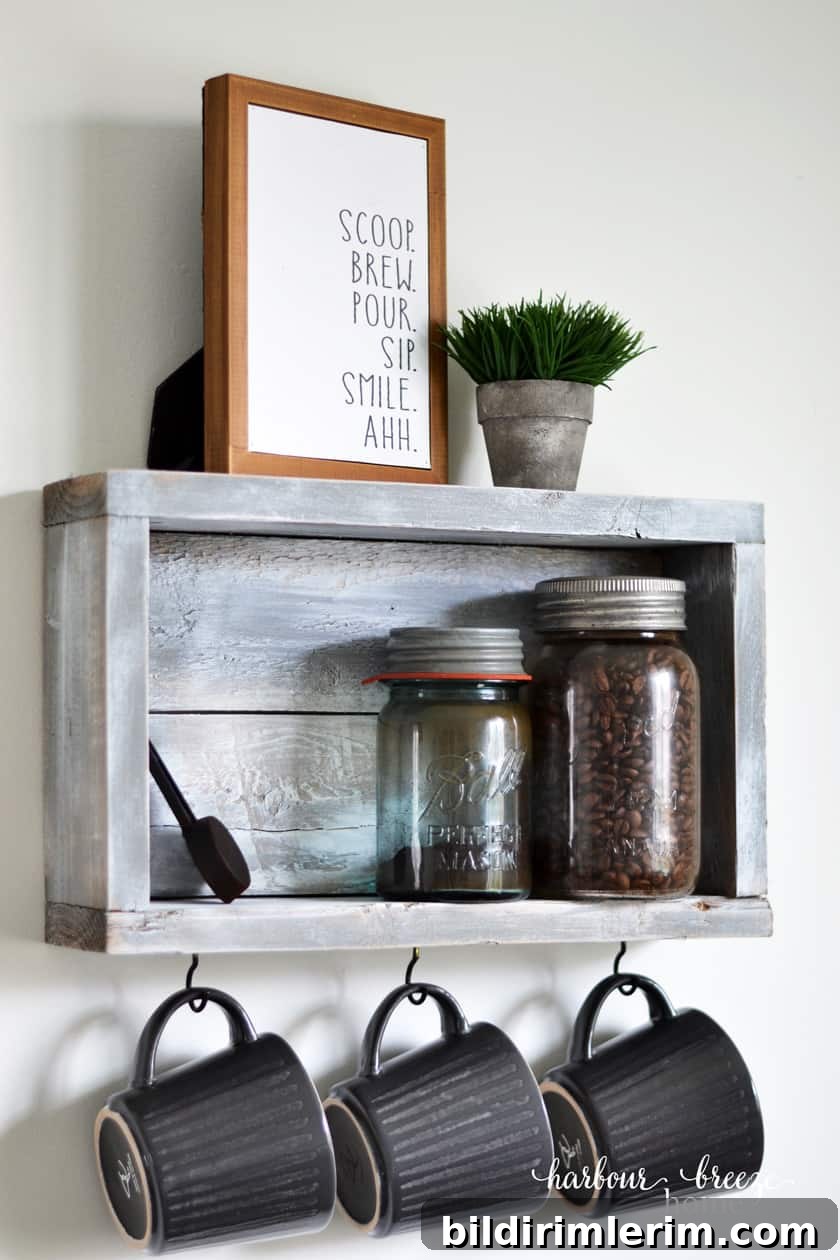 Rustic wall shelf with hooks for keys and small items
