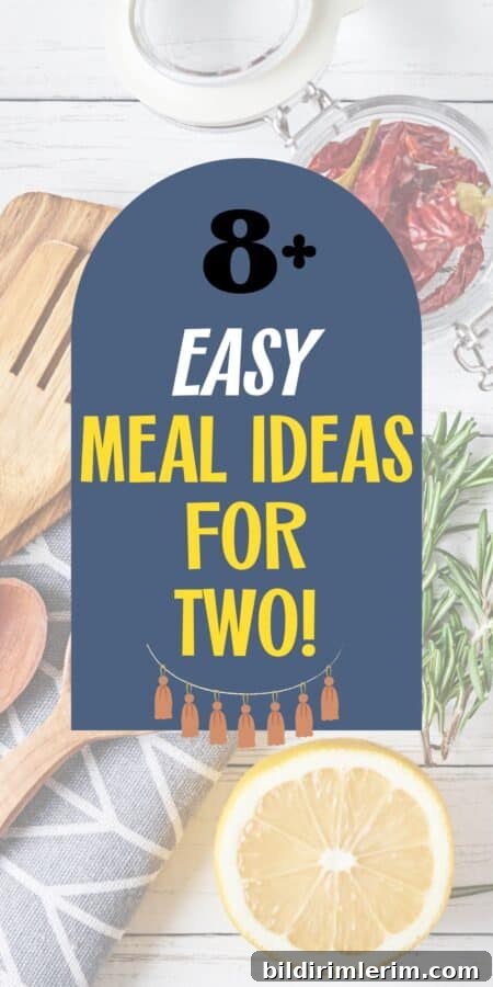 cooking utensils and food with an overlay of text saying "8 easy meal ideas for two"