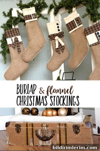 Display of burlap, canvas and flannel Christmas stockings