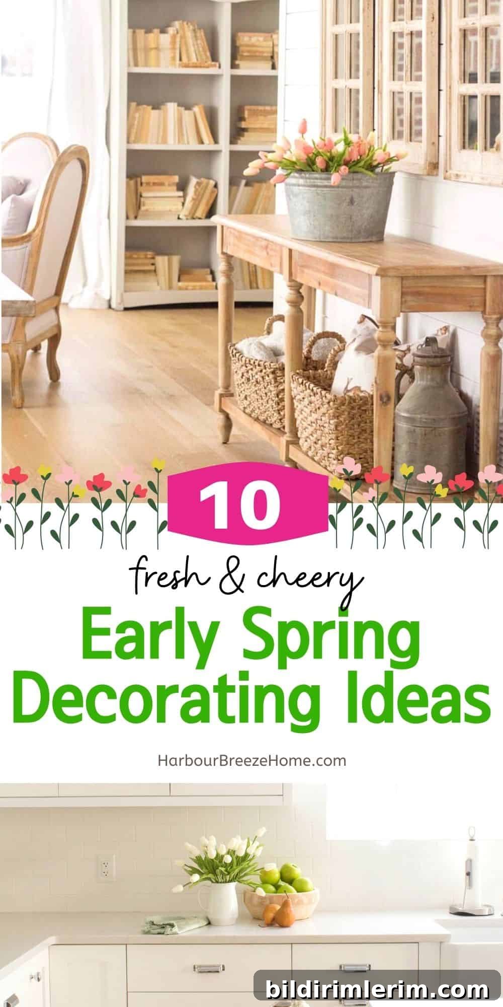 Early Spring decorating ideas in a collage picture of buckets of tulips arranged and placed in different parts of the house.