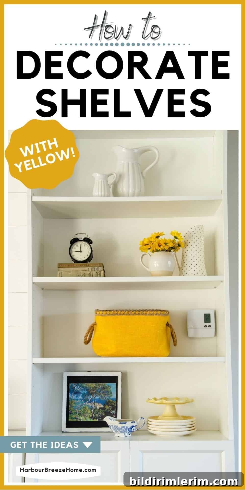 Pro Secrets to Decorating and Styling Shelves Like a Designer 2 Styled living room shelves with yellow decor