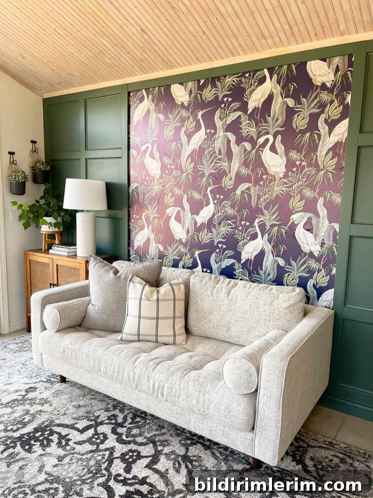 Breezy Weekend Reads: Cheerful Spring Book Picks 2 Wainscoting wall with heron wallpaper
