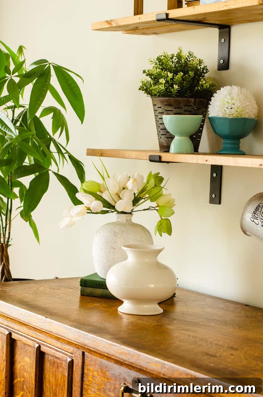 Live money tree plant near farmhouse shelves with faux plants and greenery.