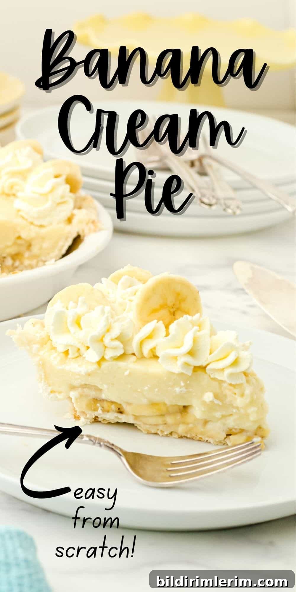 Banana Cream Pie with pudding - also known as banana pudding pie- on a plate with a fork