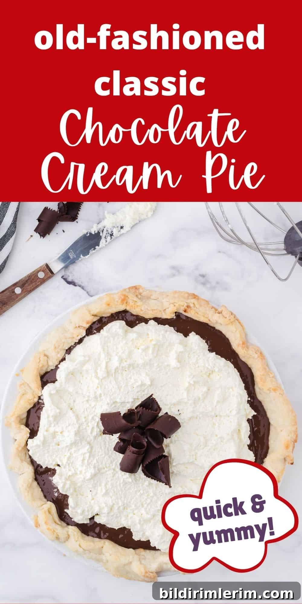 Chocolate cream pie in a pie shell with chocolate ribbons on the top