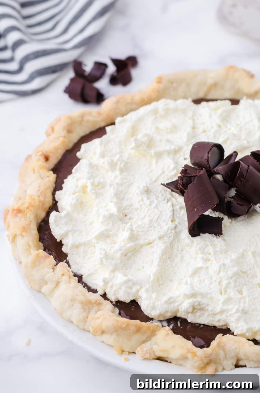 Chocolate pie with pudding filling and whipped cream topping