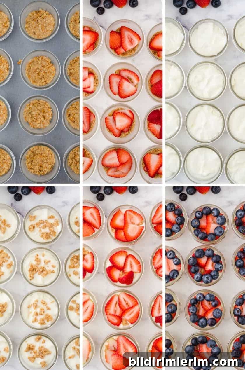 A collage of the layers of mini mason jar cheesecakes