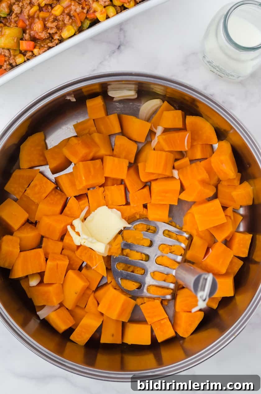 Turkey Shepherd's Pie with Sweet Potato Mash 4 Preparing sweet potatoes