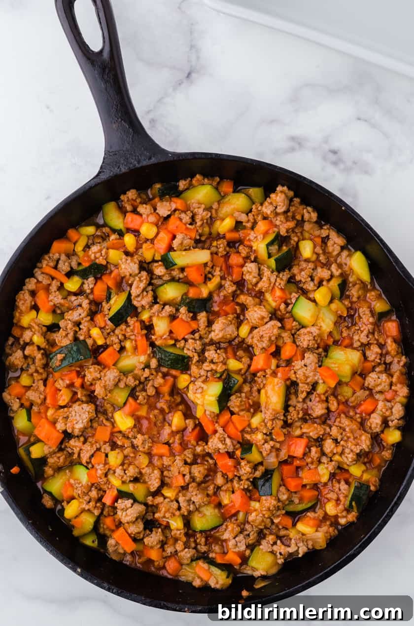Turkey Shepherd's Pie with Sweet Potato Mash 6 Cooking turkey and vegetables