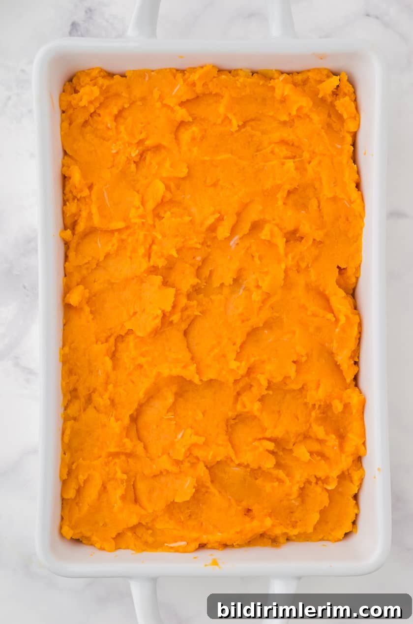Turkey Shepherd's Pie with Sweet Potato Mash 7 Assembling shepherd's pie