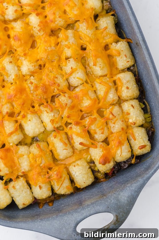 Close up of golden tater tots on the top of an easy tater tot casserole dish