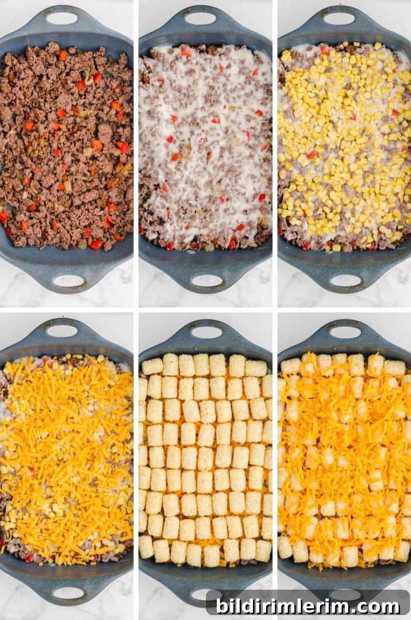 Collage of the layers of easy tator tot casserole being assembled.