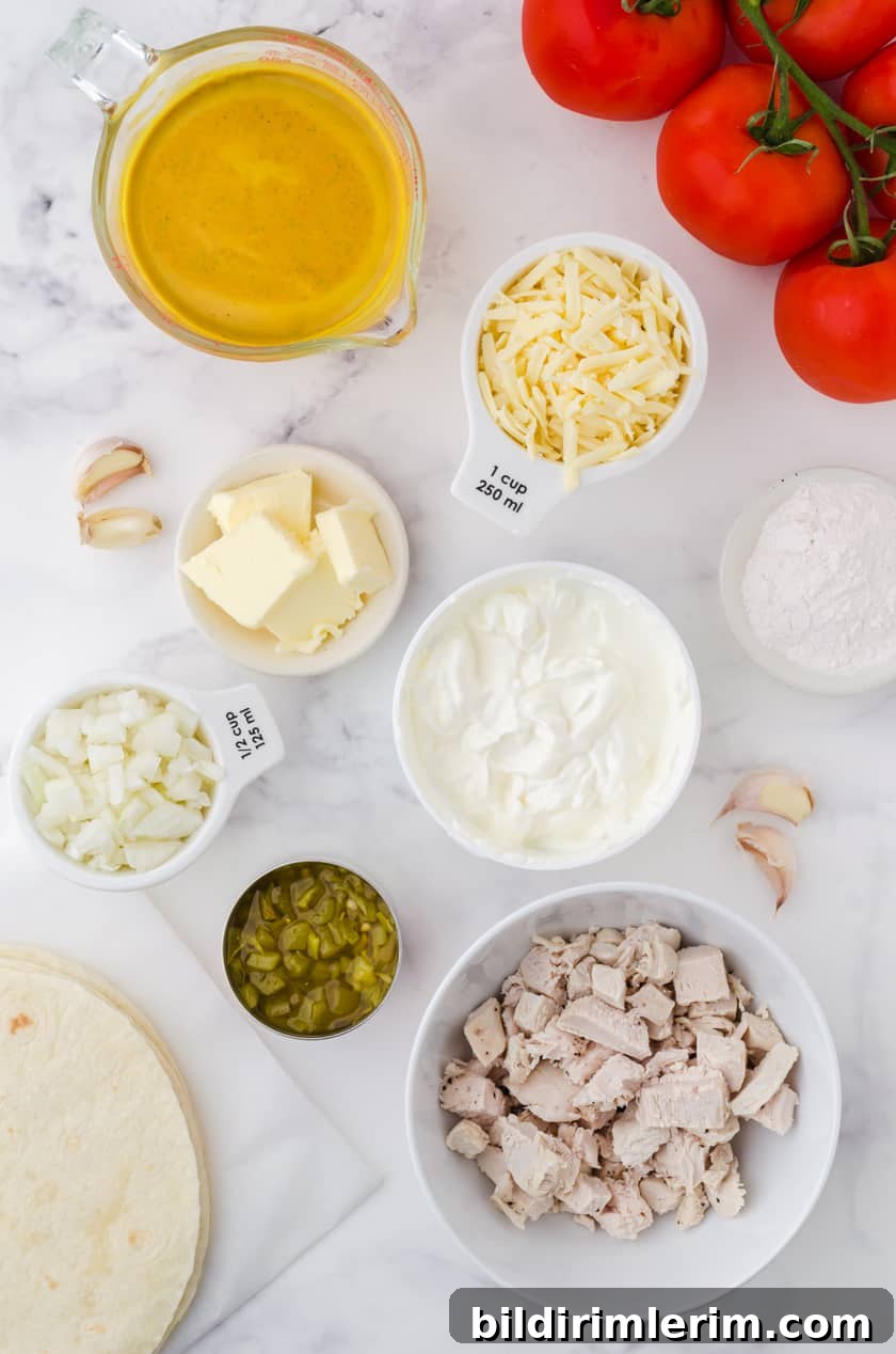 Ingredients for creamy white chicken enchiladas recipe