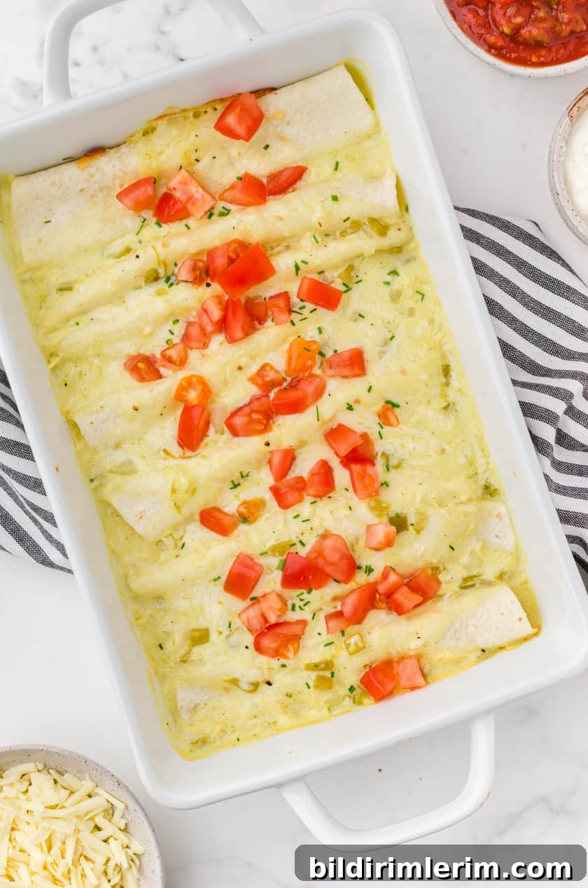A pan of baked creamy chicken enchiladas with a garnish of chopped tomatoes and cut up chives on the top.