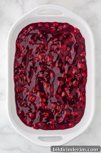 cherry pie filling in a 9x13 inch pan for cherry dump cake recipe