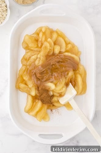 apple pie filling and cinnamon being stirred together as the base for apple crisp with pie filling