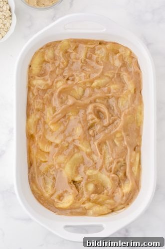 the apple pie filling base for apple crisp with pie filling in a 9x13 inch pan