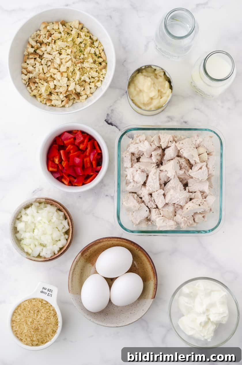 Ingredients for chicken and stuffing casserole with rice