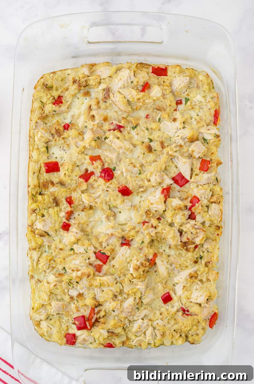 9x13 pan of chicken and stuffing casserole with rice 