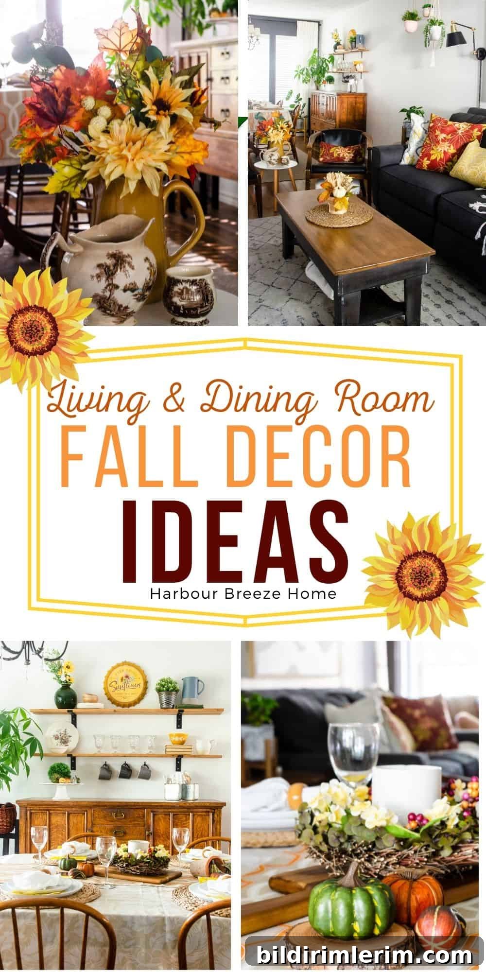 Fall decor ideas for the living and dining room using sunflower yellow