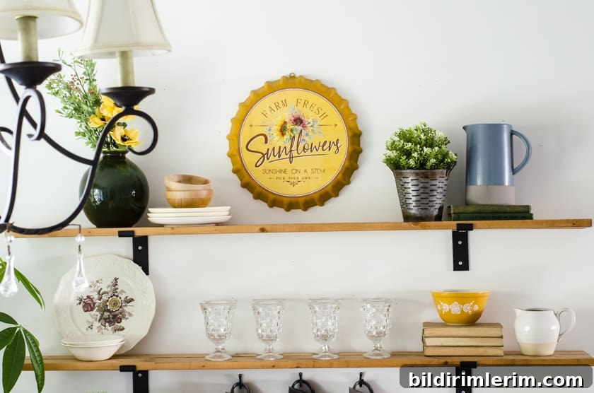 Sunflower yellow decor for fall on Dining Room shelves