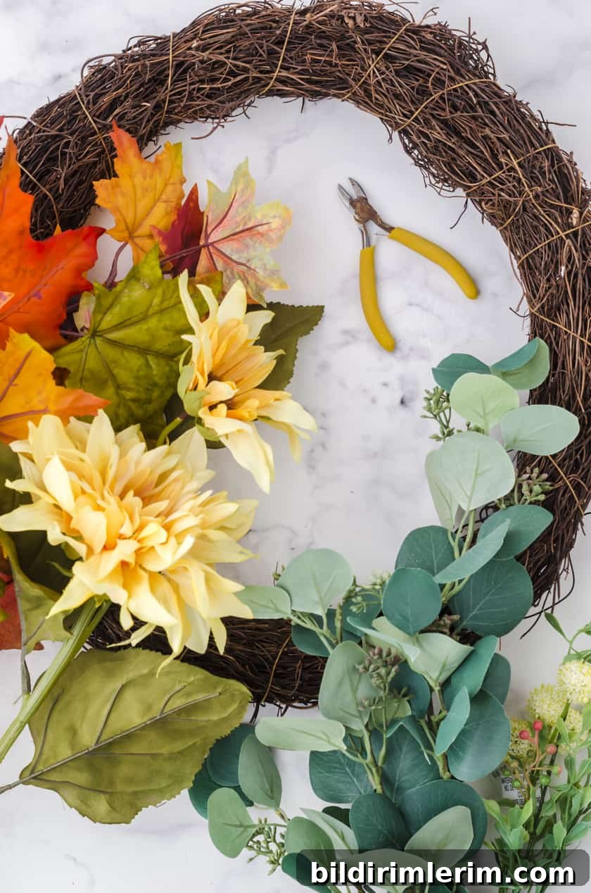 supplies needed to make a fall wreath with fake flowers