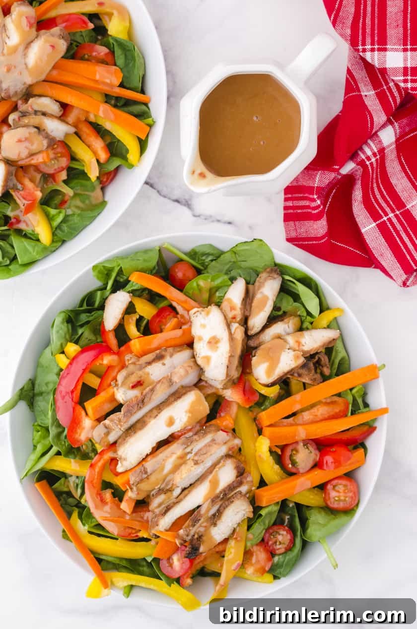 Grilled chicken salad with peanut chili sauce drizzled over the top