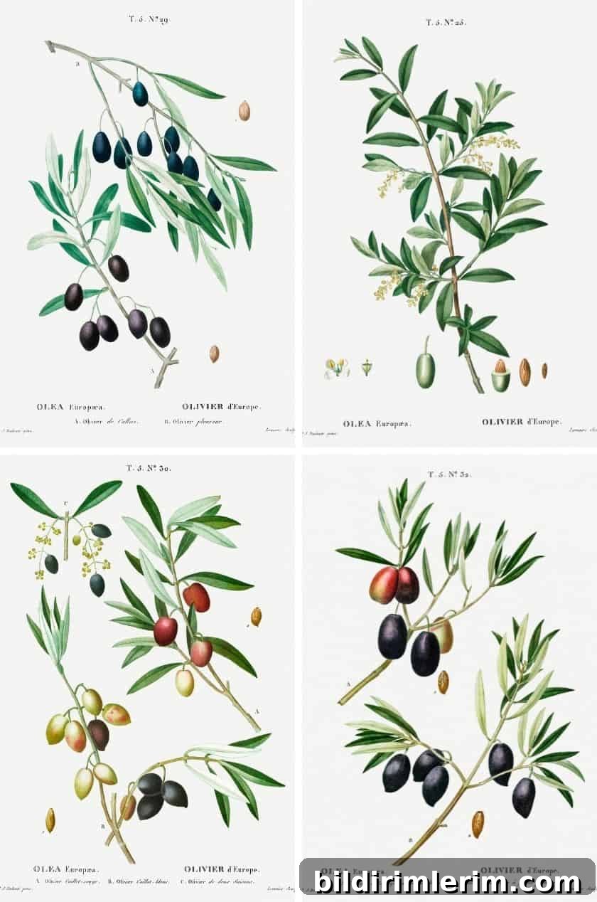 4 botanical art prints of olive branches