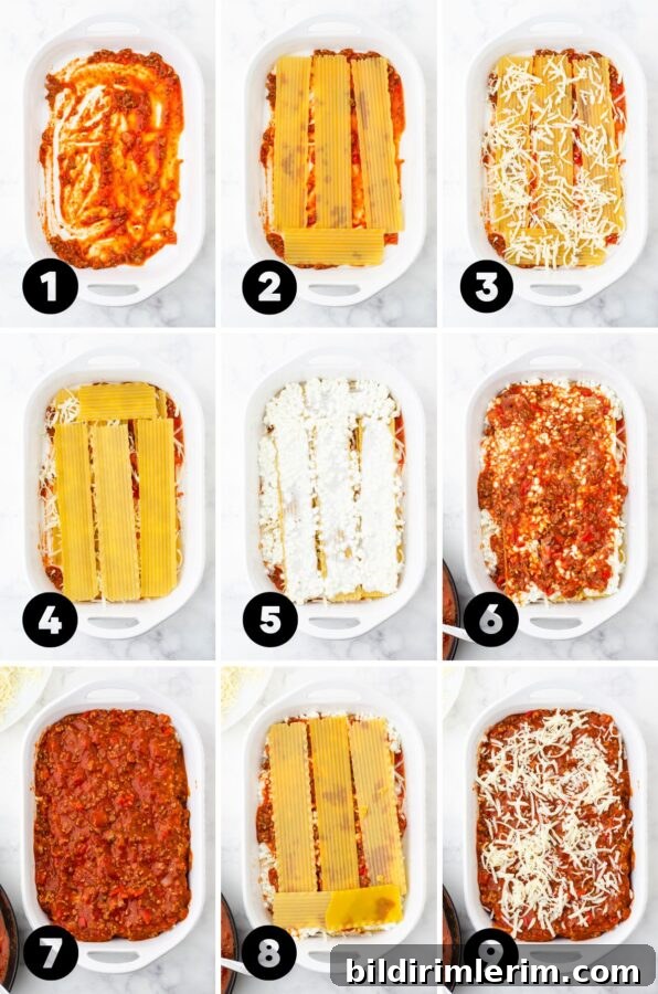 Step by step layers of how to assemble a pan of make ahead lasagna with no cook noodles.