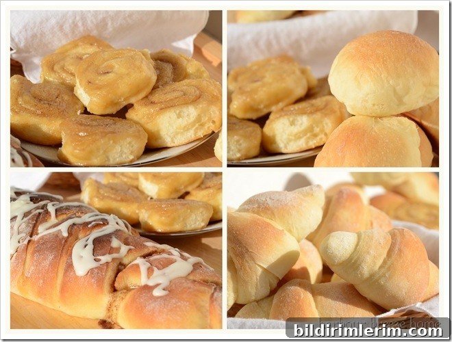 Overnight buns1 homemade yeast rolls formed into cinnamon buns, dinner rolls, cinnamon bread loaf braid, and crescent rolls