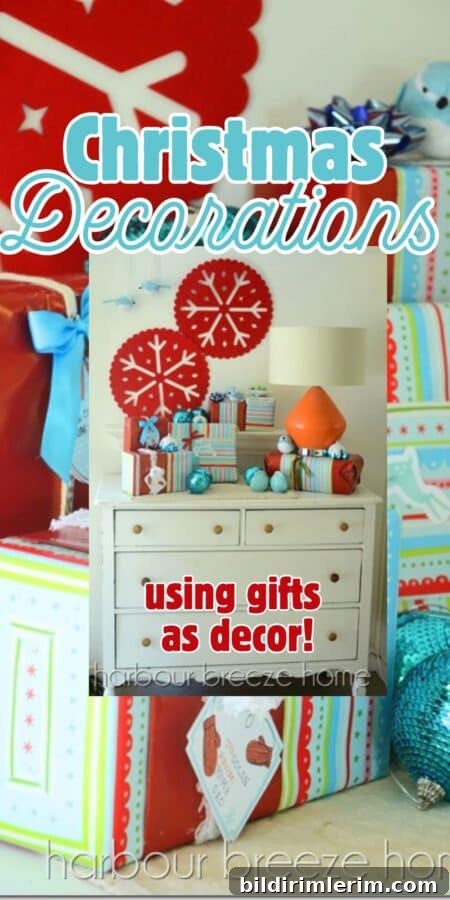 Christmas entryway idea with wrapped gifts and ornaments