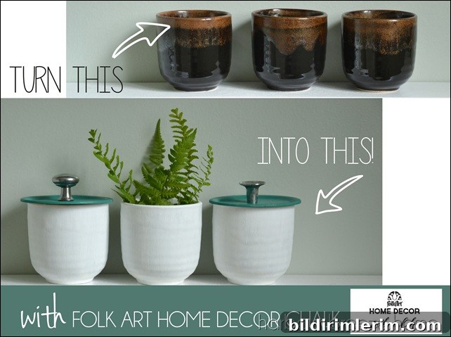 Dark brown handleless mugs are turned into white containers using chalk paint.