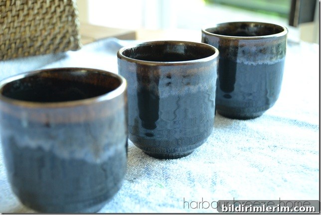 Dark brown glazed pottery mugs from thrift store.