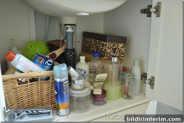 Messy under bathroom sink vanity cupboard.