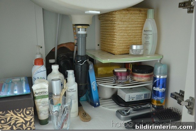 An under the bathroom sink vanity cupboard organized with baskets and shelves.