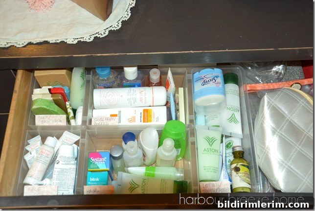Drawer organizer with travel-sized toiletries
