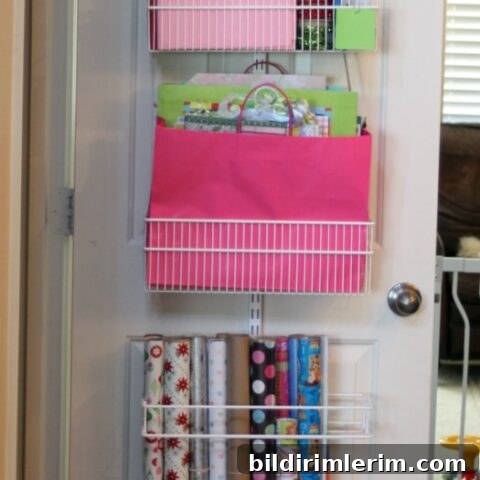 Wrapping paper storage on the back of a door