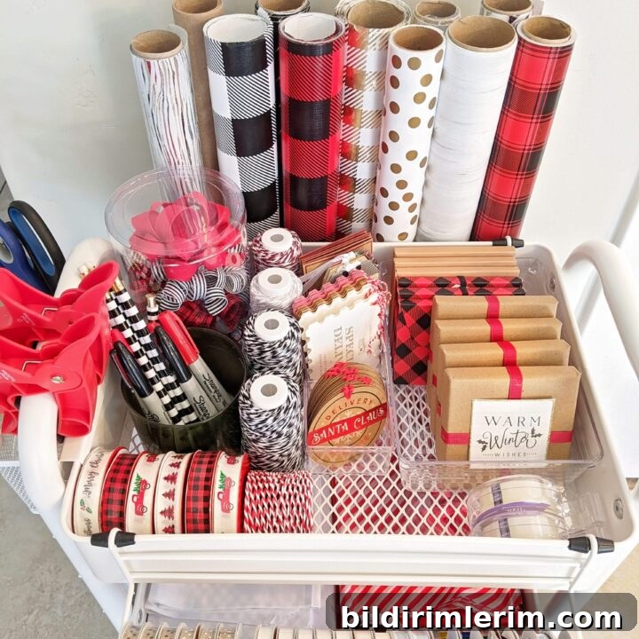 Organized gift wrap cart station