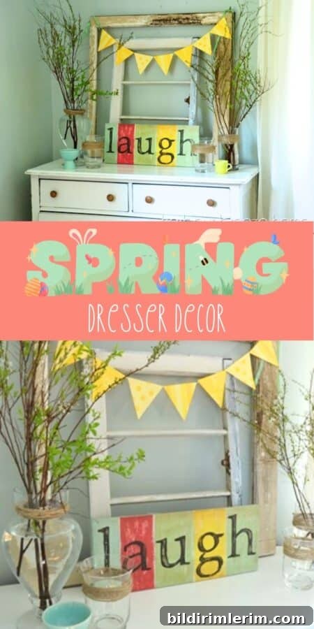 SPRING DRESSER DECOR| Add a few farmhouse touches with some fresh greenery and happy color, and you have a wonderfully simple styled dresser! img 7000 7