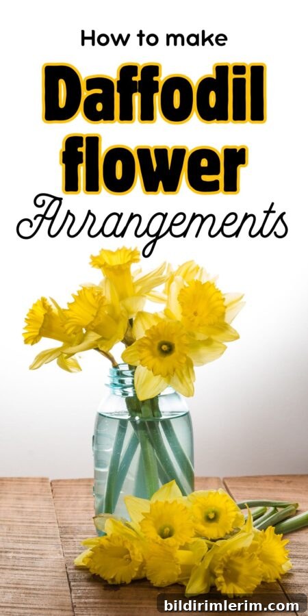 a bouquet of daffodils in a clear glass vase with the text "How to make daffodil flower arrangements" on the top of it